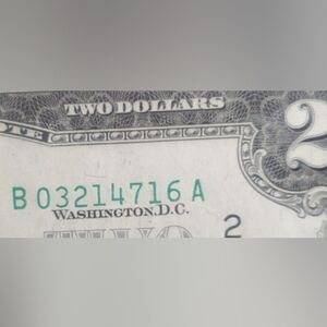 1976  Serial Two Dollar Bill Misalignment Error